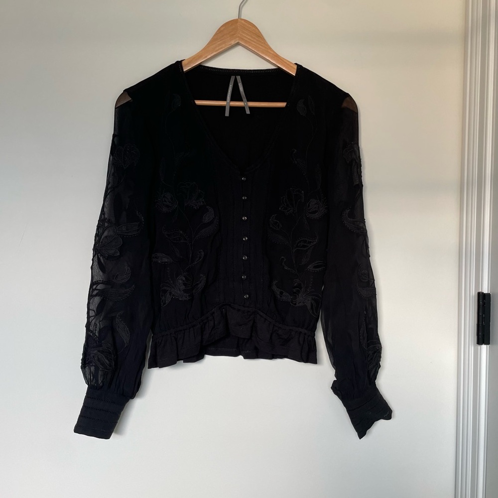 Anthro Black Sheer Embroidered Blouse | Boho Romantic Top XS - Picture 2 of 4